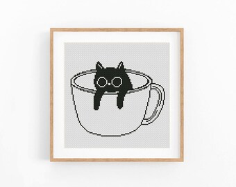 Black Cat in Cup Modern Cross stitch pattern, Monochrome Counted xstitch chart, One Color Design, Instant download PDF