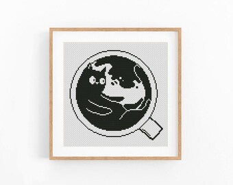 Black Cat in Cup Modern Cross stitch pattern, Monochrome Counted xstitch chart, One Color Design, Instant download PDF
