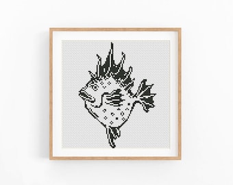 Ornamental Fish Cross Stitch Pattern, Blackwork Puffer Fish Xstitch, Nautical Hoop Art, PDF Download