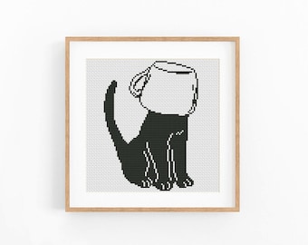 Cat with Mug on Head Cross Stitch Pattern, Black Cat Coffee Cup Chart, Monochrome Kitchen Decor, Beginner Friendly, Instant Download PDF