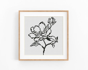 Magnolia Flower Cross Stitch Pattern, Black Floral Outline Chart, Monochrome Beginner Friendly, Instant Download Digital File