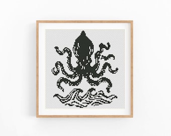 Octopus Cross Stitch Pattern, Monochrome Nautical Ocean Waves, One Color Design, No AI X-Stitch, Instant Download, Digital File
