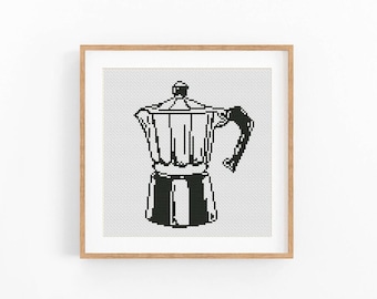 Wzór haftu krzyżykowego „Kawiarka” – nowoczesna sztuka kuchenna (do pobrania w formacie PDF)