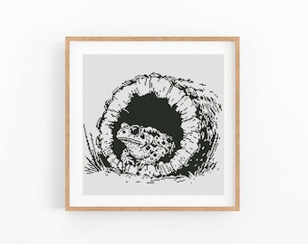 Wzór haftu krzyżykowego „Żaba”, monochromatyczny wzór zwierzęcy (do pobrania w formacie PDF)