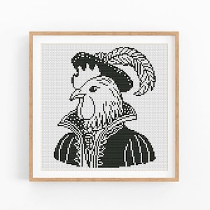 May include: Black and white pixelated artwork of a rooster wearing a feathered hat and a high-collared jacket. The rooster is depicted in a regal pose, with a detailed rendering of its features. The artwork is framed in a light brown wooden frame.