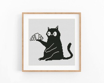 Black Cat Modern Cross stitch pattern, Monochrome Counted xstitch chart, One Color Design, Instant download PDF