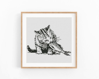 Cat Eating Fish Cross Stitch Pattern, Striped Cat Engraving Style Chart, Black and White Wall Art, Beginner Friendly, Instant Download PDF