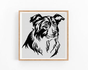 Border Collie Dog Portrait Cross Stitch Pattern, One Color Modern XStitch Chart, Instant Download PDF