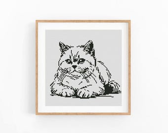 Modernt korsstygnsmönster för katt, enfärgad design, monokrom diagram (PDF-nedladdning)