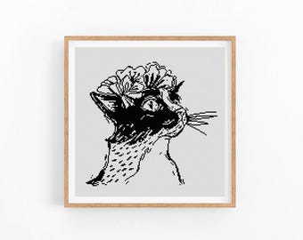 Black Cat Flower Crown Cross Stitch Pattern, Monochrome Xstitch Chart, Beginner Friendly