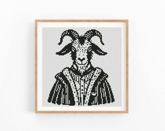 Victorian Goat Cross Stitch Pattern, Animal Portrait Chart, Black and White Engraving Style Art, Beginner Friendly, Instant Download PDF