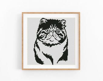 Exotic Shorthair Cross Stitch Pattern Flat Face Feline Portrait Monochrome Beginner Friendly Instant Download Digital File