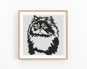 Himalayan Cat Cross Stitch Pattern Fluffy Feline Portrait Monochrome No AI X-Stitch Instant Download Digital File