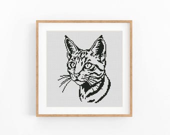 Patrón moderno de punto de cruz de gato, diseño monocromático de un solo color (descarga en PDF)