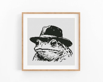 Wzór haftu krzyżykowego: Żaba w kapeluszu, monochromatyczny wzór zwierzęcy (do pobrania w formacie PDF)