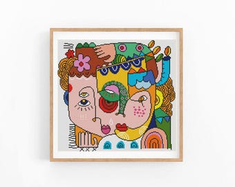 Abstract Cross Stitch Pattern, Love Modern x-stitch Chart, Colorful Concept Art, Instant Download PDF