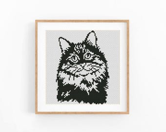 Siberian Cat Head Portrait Cross Stitch Pattern, Kitten Design, Beginner Friendly, Instant Download, Digital File