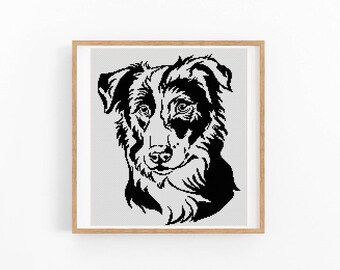 Border Collie Dog Portrait Cross Stitch Pattern, One Color Modern XStitch Chart, Instant Download PDF