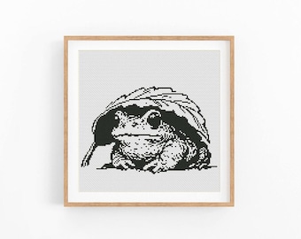 Wzór haftu krzyżykowego „Żaba”, monochromatyczny wzór zwierzęcy (do pobrania w formacie PDF)