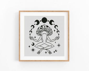 Meditating Frog Cross Stitch Pattern, Mushroom Hat and Moon Phases Chart, Celestial Boho Wall Art, Beginner Friendly, Instant Download PDF