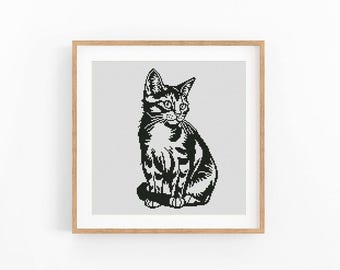 Patrón moderno de punto de cruz de gato, diseño monocromático de un solo color (descarga en PDF)