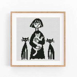 女の子と猫のクロスステッチパターン、黒猫、白猫、モノクロ、初心者向け、即時ダウンロード可能なデジタルファイル