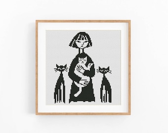 Girl and Cats Cross Stitch Pattern, Black cat, White Cat, Monochrome Beginner Friendly, Instant Download Digital File