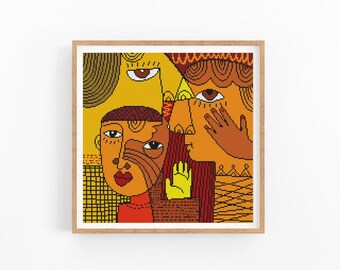 Large Abstract Cross Stitch Pattern, Colorful Modern Portrait x-stitch Chart, Vibrant Concept Art, Instant Download PDF
