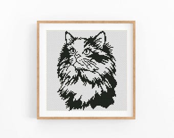 German Longhair Cat Cross Stitch Pattern Fluffy Kitty Looking Up Monochrome Beginner Friendly Instant Download Digital File