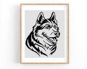 Siberian Husky Dog Portrait Cross Stitch Pattern, One Color Modern XStitch Chart, Instant Download PDF