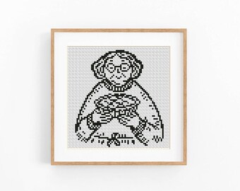 Grandma With Apple Pie Cross Stitch Pattern PDF, Monochrome Kitchen Embroidery Design, Black Mini Cross Stitch Chart