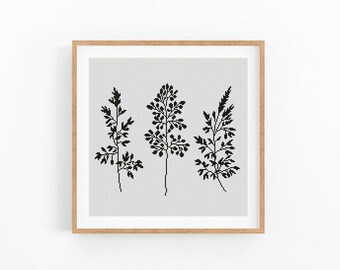 Meadow Modern Cross stitch pattern, Monochrome grass xstitch chart. Instant download PDF