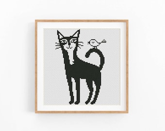Cat With Bird Cross Stitch Pattern, Black Cat Bird Friends Chart, Monochrome Pattern Keeper, Instant Download Digital File