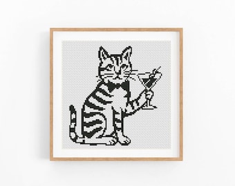 Cat With Martini Cross Stitch Pattern, Cocktail Tabby Chart, Monochrome No AI X-Stitch, Instant Download Digital File