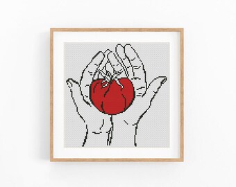 Minimalist Tomato Cross Stitch Pattern – Hands Holding Tomato, 2 Color Line Art Embroidery, Modern Sketch Style, Instant Download