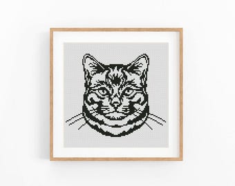 Patrón moderno de punto de cruz de gato, diseño monocromático de un solo color (descarga en PDF)