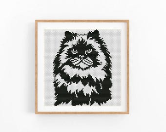 Himalayan Cat Cross Stitch Pattern Fluffy Feline Front Portrait Monochrome Pattern Keeper Instant Download Digital File