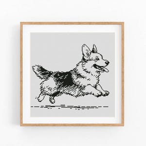 Può includere: Illustrazione in bianco e nero incorniciata di un cane Corgi che corre. Il cane è raffigurato di profilo, con la lingua di fuori e la coda alzata. L'opera d'arte è ambientata su uno sfondo grigio chiaro e incorniciata in una cornice di legno marrone chiaro.