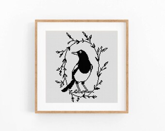 Modern Cross stitch pattern bird in wreath, counted xstitch chart. One color x-stitch embroidery. Instant download PDF