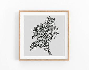 Roses Bouquet Modern Cross stitch pattern, Monochrome xstitch chart. Instant download PDF