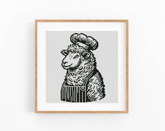 Sheep Chef Cross Stitch Pattern, Funny Cooking Animal Chart, Black and White Kitchen Wall Decor, Beginner Friendly, Instant Download PDF