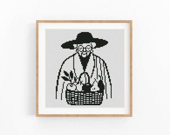 Elegant Woman With Fruit Basket Cross Stitch Pattern PDF, Monochrome Lady Portrait Embroidery Design, Black Mini Cross Stitch Chart
