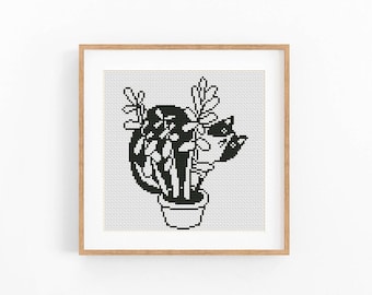 Nowoczesny wzór krzyżykowy „Czarny kot”, wzór jednokolorowy, schemat monochromatyczny (do pobrania w formacie PDF)