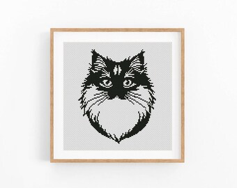 Fluffy Cat Face Cross Stitch Pattern, Long Haired Black and White Chart, Modern Wall Decor, Beginner Friendly, Instant Download PDF