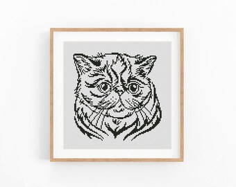 Schema moderno per punto croce con gatto, design monocromatico a un colore (download PDF)