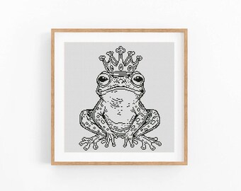 Frog with Crown Cross Stitch Pattern, Frog Prince Monochrome Chart, Fairytale Animal Wall Art, Beginner Friendly, Instant Download PDF