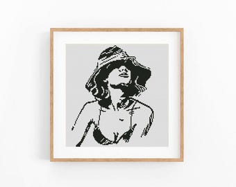 Woman Portrait Cross Stitch Pattern, Beach Girl Embroidery PDF, Woman in Hat Swimsuit Xstitch Chart, Minimalist One Color Sketch