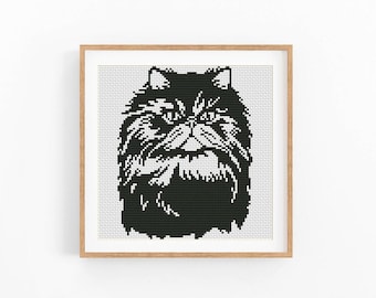 Persian Cat Front Portrait Cross Stitch Pattern, Grumpy Fluffy Kitty Chart, Monochrome Pattern Keeper Compatible, Instant Download