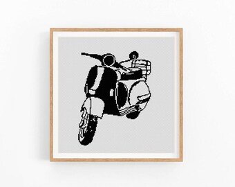 Retro Motor Scooter Cross Stitch Pattern, Black and White Vintage Transport Chart, City Wall Decor, Beginner Friendly, Instant Download PDF