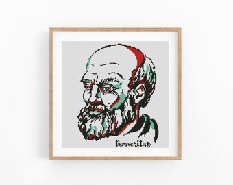 Democritus portrait counted cross stitch pattern. Ancient Greek philosopher. Modern embroidery. Instant download PDF